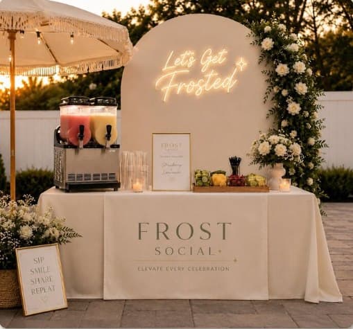 Sunset outdoor buildout with 'Let's Get Frosted' neon and floral arch