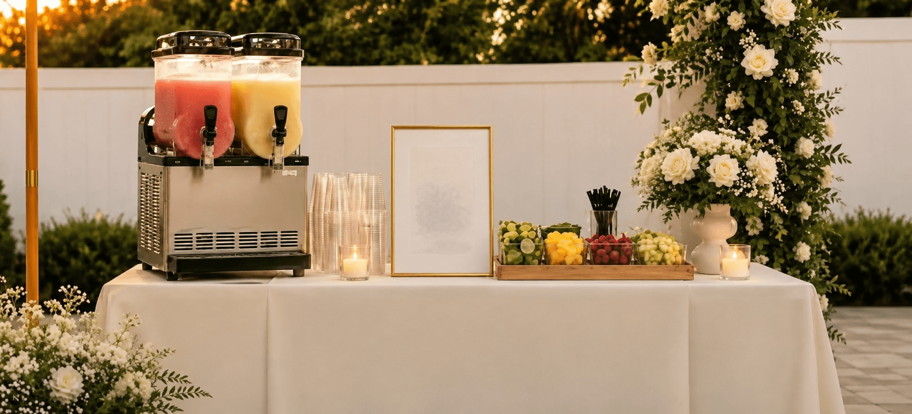 Frost Social frozen mocktail bar buildout with twin-barrel machine, floral arch, and garnish tray
